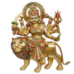 Handcrafted brass statue of Durga Maa seated on her lion vahana, holding multiple weapons including a sword and trident, glossy finish, weight 24850 grams, height 60 cm (approximately 23.62 inches), length 42 cm (approximately 16.54 inches). Best for VIP Gift, best for big premium gift, best for your temple. India's Largest Puja Accessories Brand - Satvik No. 1 Brass Idol Collection  