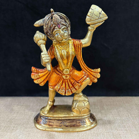 5.5 Inch Brass Hanuman Ji Idol carrying Sanjeevani mountain, finely crafted with dynamic detailing – symbol of strength, devotion, and healing, ideal for home temple and spiritual gifting No.1 Brass Idol Store www.satvikstore.in 