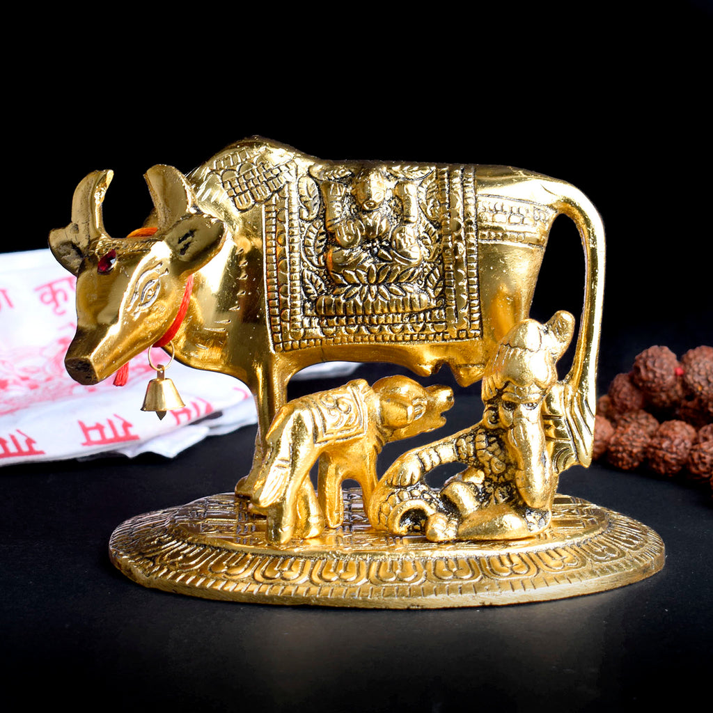 4.9 Inch Graceful Small Kamdhenu Cow Idol with Laddu Gopal and Calf, intricately crafted in brass – ideal for temple worship, spiritual gifting, and home altar décor  No.1 Brass Idol Store www.satvikstore.in 