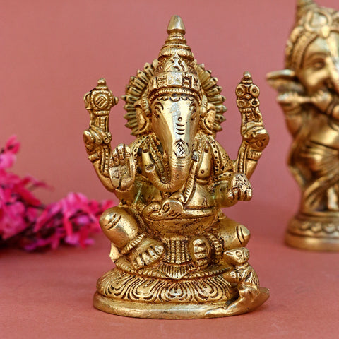 5.2-inch Brass Ganesh Statue radiating wisdom and positivity, finely handcrafted for home mandir, office décor, festive pooja, and spiritual gifting. No.1 Brass Idol Store www.satvikstore.in 