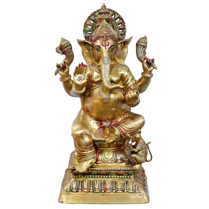 A handcrafted large brass statue of Lord Ganesha in a seated posture, glossy finish, weight 33400 grams, height 78 cm, length 42 cm. Best for a VIP Gift, best for a big premium gift, best for your temple. India's Largest Puja Accessories Brand - Satvik No. 1 Brass Idol Collection 