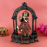 10.5 Inch Handcrafted Brass Krishna Idol featuring Lord Krishna standing gracefully with a flute beside a sacred cow, symbolizing his divine connection with nature, love, and protection. No.1 Brass Idol Store www.satvikstore.in 
