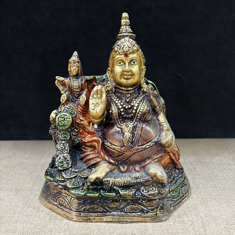 6.5 Inch Auspicious Lord Kuber Idol with Laxmi Ji made from premium brass, symbolizing divine wealth and prosperity, ideal for Diwali, Dhanteras, and home temple decor. No.1 Brass Idol Store www.satvikstore.in 
