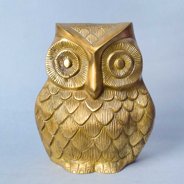 6.9 Inch engraved brass owl statue, representing Lakshmi Vaahan, crafted with fine detailing and symbolic of wisdom, wealth, and prosperity. No.1 Brass Idol Store www.satvikstore.in 
