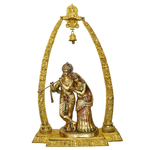 Handcrafted Brass Radha Krishna Idol with Bell Arch | Glossy Finish Divine Decor | Premium Radha Krishna Murti in High-Quality Brass | Length 73 cm, Height 113 cm | Best for VIP Gift, Big Premium Gift & Temple Installations | Ideal for Home Mandir, Wedding Gifting & Festive Decoration | India's Largest Puja Accessories Brand - Satvik No. 1 Brass Idol Collection 
