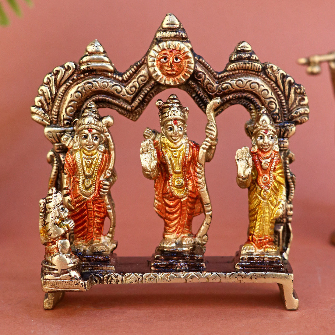 4.8 Inch Brass Small Ram Darbar Idol featuring Lord Ram, Sita, Lakshman, and Hanuman in intricate detail – perfect for temple worship, home altar, and spiritual gifting. No.1 Brass Idol Store www.satvikstore.in 