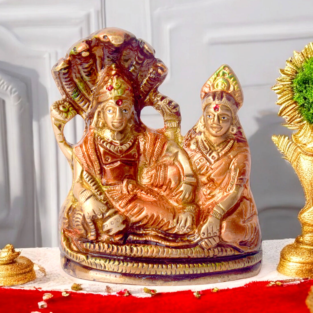 3.7 Inch Sacred Brass Vishnu Laxmi Statue in antique finish, finely detailed and compact, ideal for home temples, Diwali pooja, and spiritual décor No.1 Brass Idol Store www.satvikstore.in 