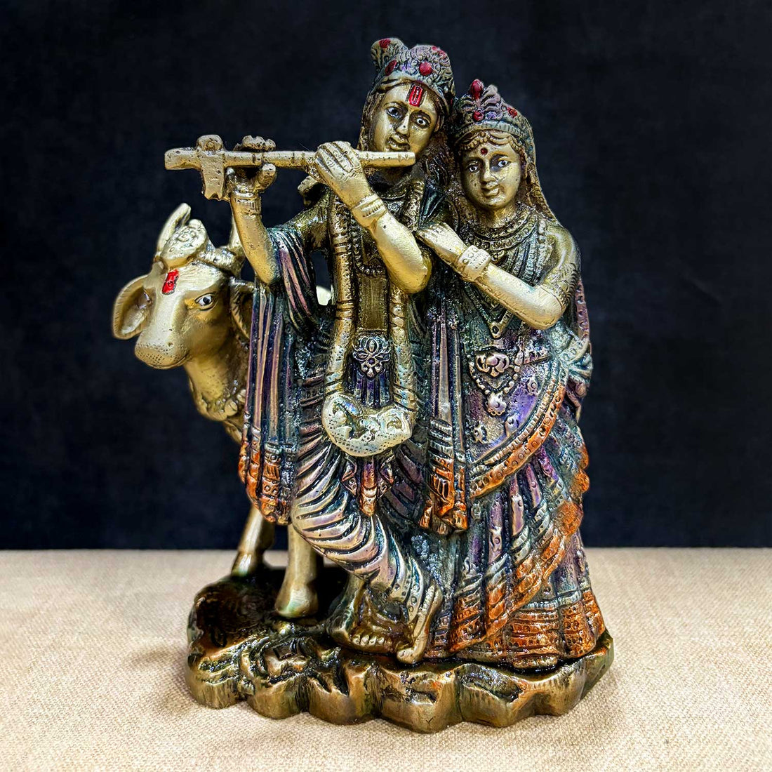 6.3 Inch Sacred Radha Krishna with Kamdhenu Cow Idol – Beautifully Crafted Brass Sculpture Depicting Divine Love of Radha Krishna with the Holy Kamdhenu Cow, Ideal for Home Temple. No.1 Brass Idol Store www.satvikstore.in 
