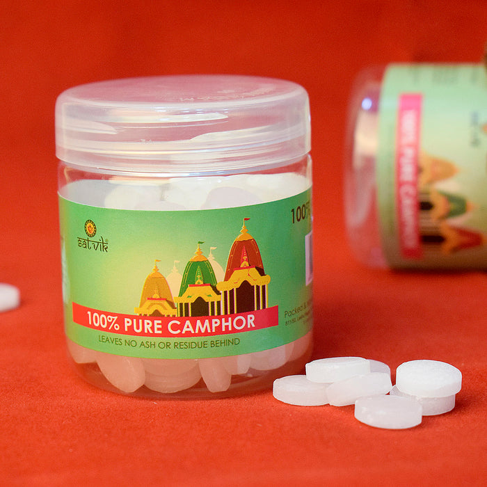 Camphor (50 Grams) is a pure and aromatic substance used in spiritual practices, poojas, and religious ceremonies to purify the surroundings and attract divine energy – India’s Largest Pooja Accessories Brand – www.satvikstore.in