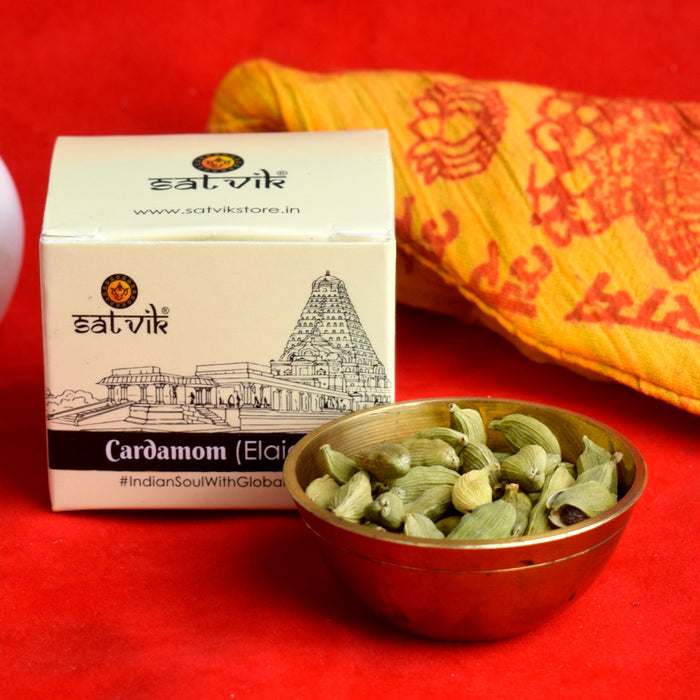Cardamom (Elaichi) 10gm is a fragrant spice used in pooja and religious rituals to enhance the aroma of offerings, invoking divine blessings and purity during spiritual ceremonies – India’s Largest Pooja Accessories Brand – www.satvikstore.in
