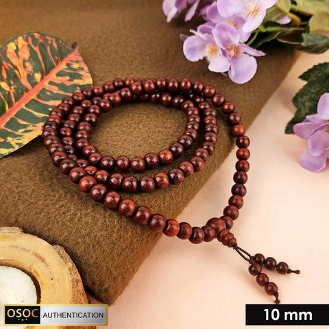 Certified 10mm 100% original authentic red sandalwood (Chandan) jap mala from Andhra Pradesh, with large round beads for meditation, chanting, and spiritual rituals. India’s Premium Jap Mala Store - www.satvikstore.in