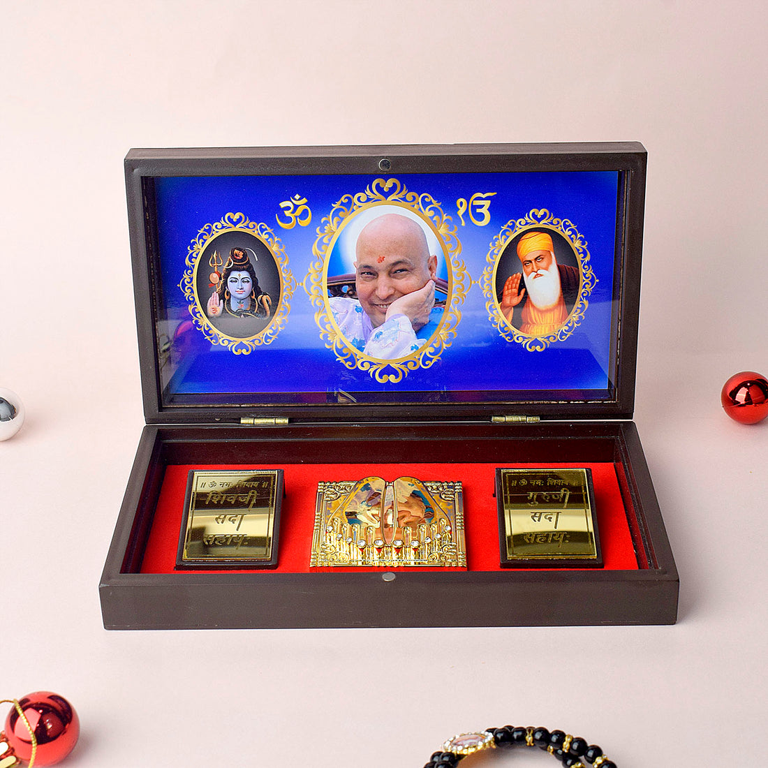 Gold Plated Guru Ji Sukrana Charan Paduka Box with Mahadev and Waheguru