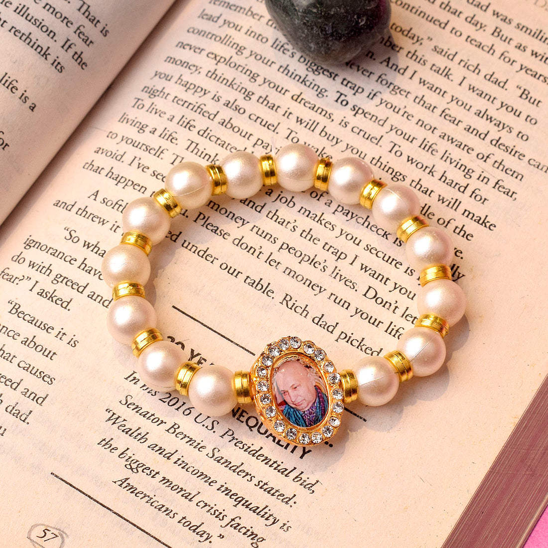 White and Golden Beads Bracelet with Jai Guruji Swaroop