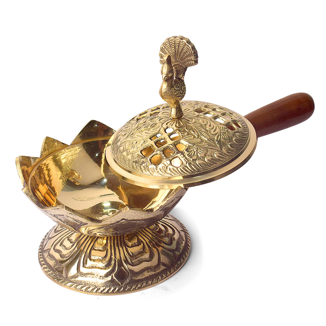 Antique Brass Loban Dingali with Wooden Handle for Pooja and Rituals