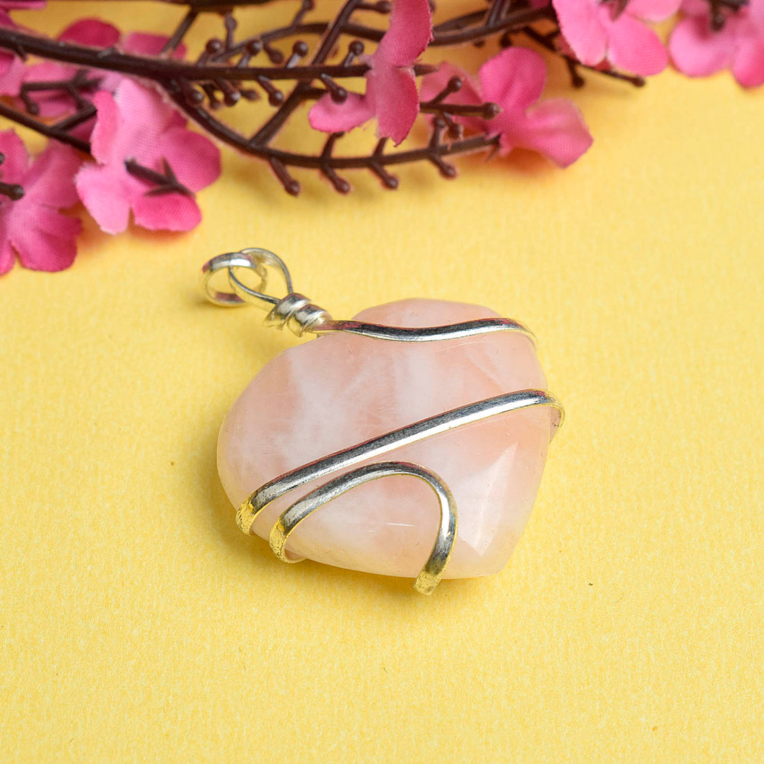 Rose Quartz Pendant Heart Wire Wrapped Crystal Stone Pendant