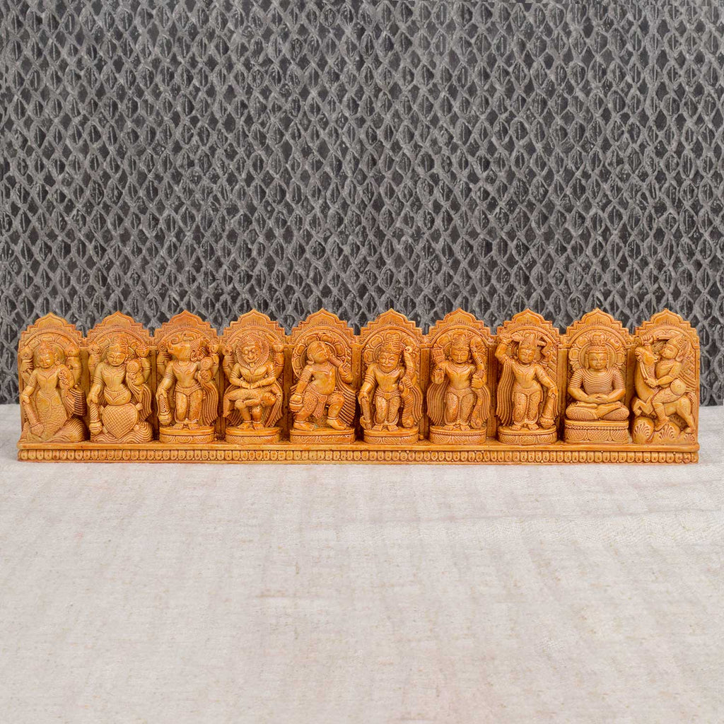 Handcrafted wooden wall décor of Lord Vishnu’s 10 avatars – Dasavatharam – with detailed carving, perfect for pooja rooms, home temples, or spiritual wall displays. India’s Largest Pooja Accessories Brand - www.satvikstore.in
