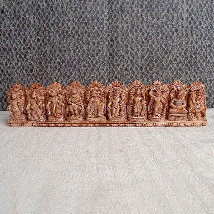 Handcrafted wooden Dasavatharam wall decor featuring the ten avatars of Lord Vishnu, intricately carved and painted, ideal for spiritual and aesthetic home decoration. India’s Largest Pooja Accessories Brand - www.satvikstore.in
