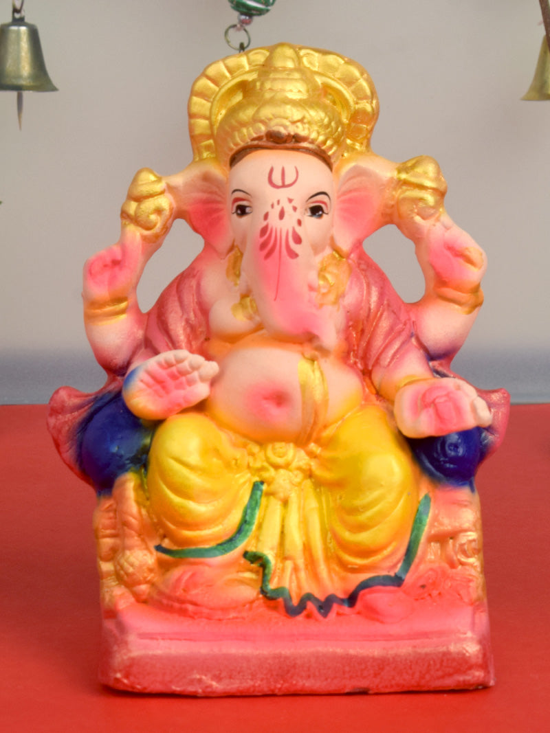 6 Inch Colorful Eco-Friendly Ganesha Idol Sitting on Shinghasan