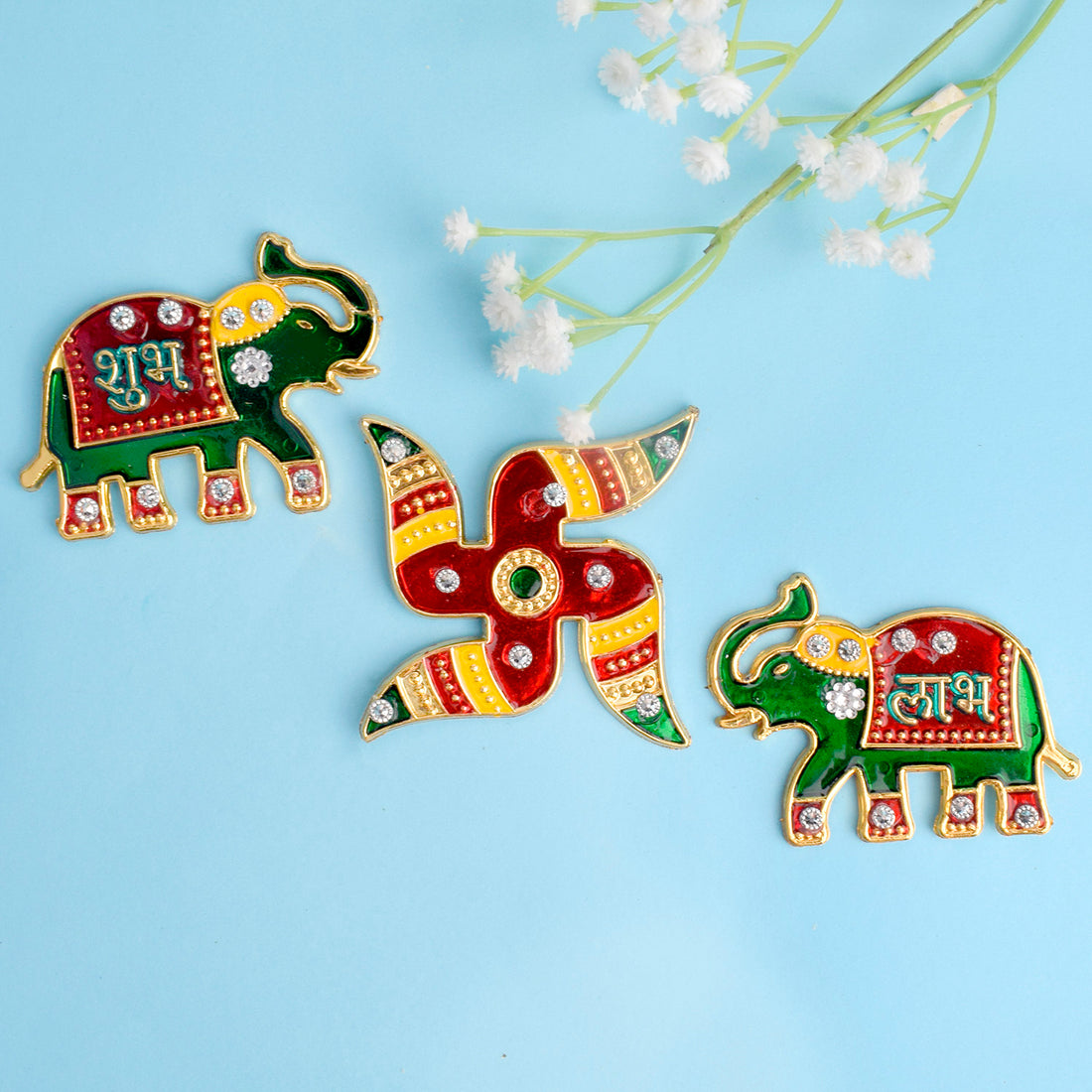 Traditional Royal Green & Red Elephant Shubh Labh Stickers
