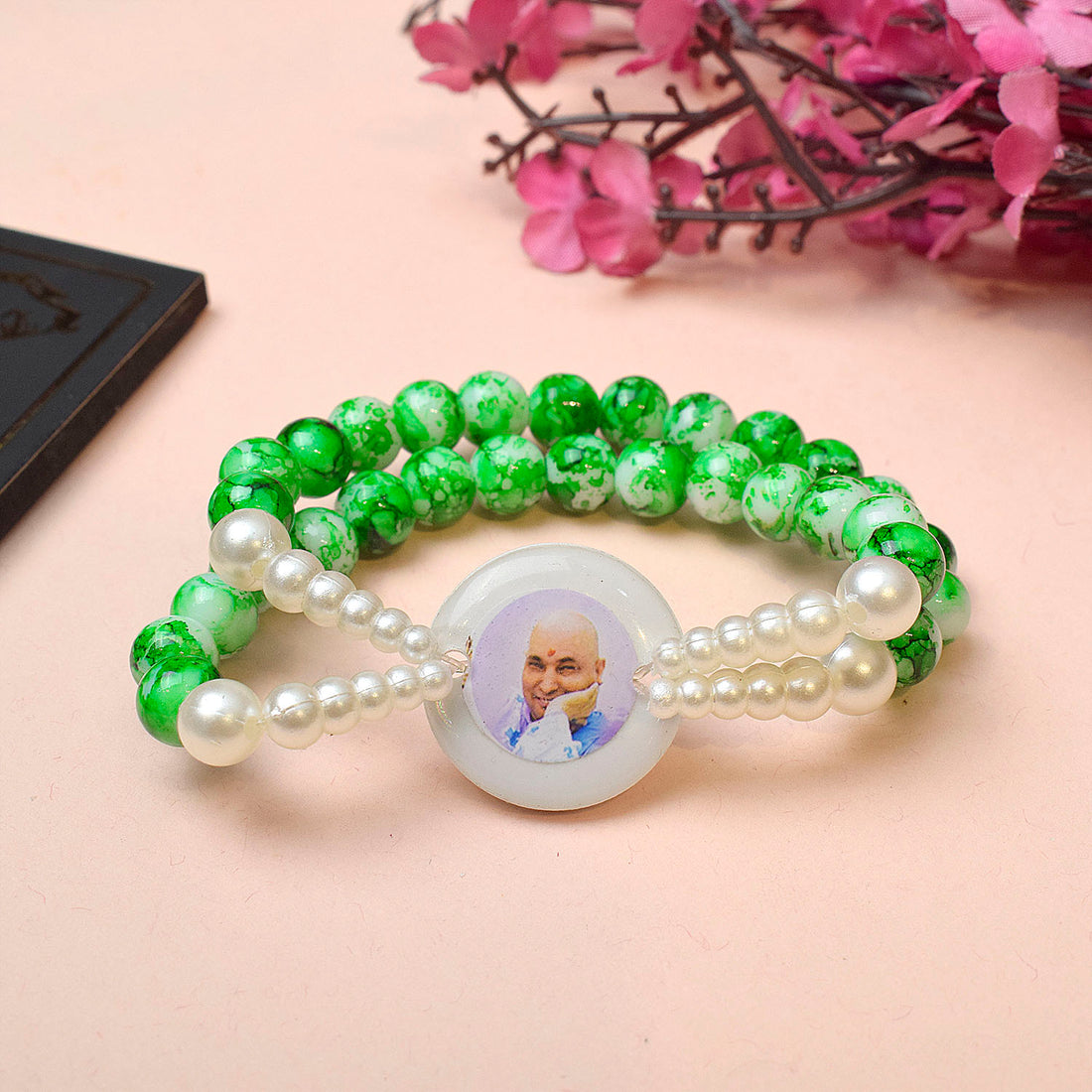 Crystal Green Beads Double Layer & White Pearl Bracelet with Jai Guruji Swaroop