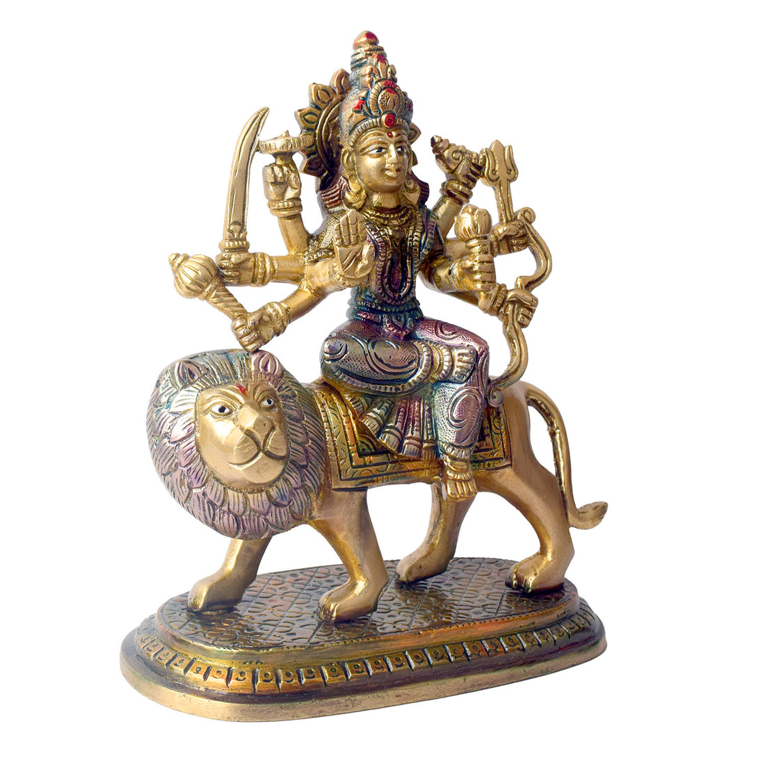  Embrace the powerful energy of Maa Durga with this 8.5-inch Brass 8-Armed Durga Idol, beautifully depicted riding her mighty lion. This meticulously crafted statue showcases Maa Durga in her most majestic form, symbolizing strength, courage, and divine protection. 