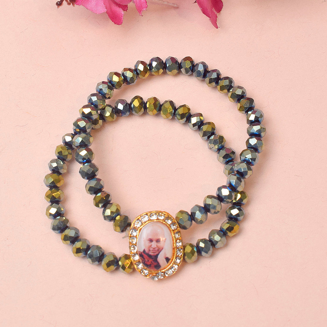 Metallic Green Round Pearl Bracelet with Jai Guruji Swaroop