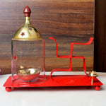 Brass & Metal Swastik Chimney Diya Tray with Incence Holder Large (Red)