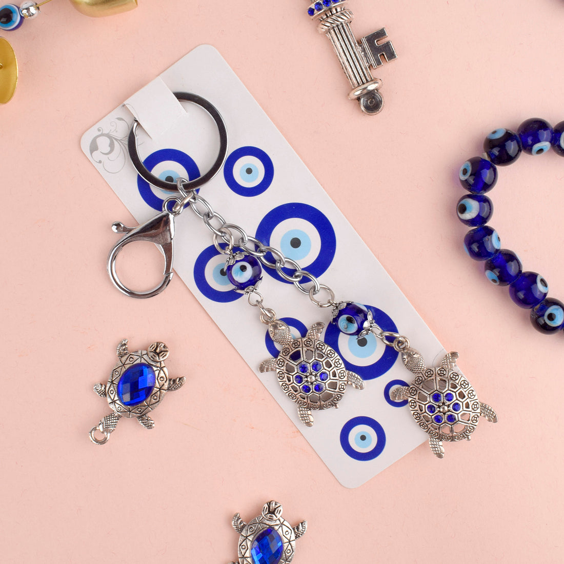 Evil Eye 2 Tier Turtle Metal Keychain - Feng Shui Good Luck Charm