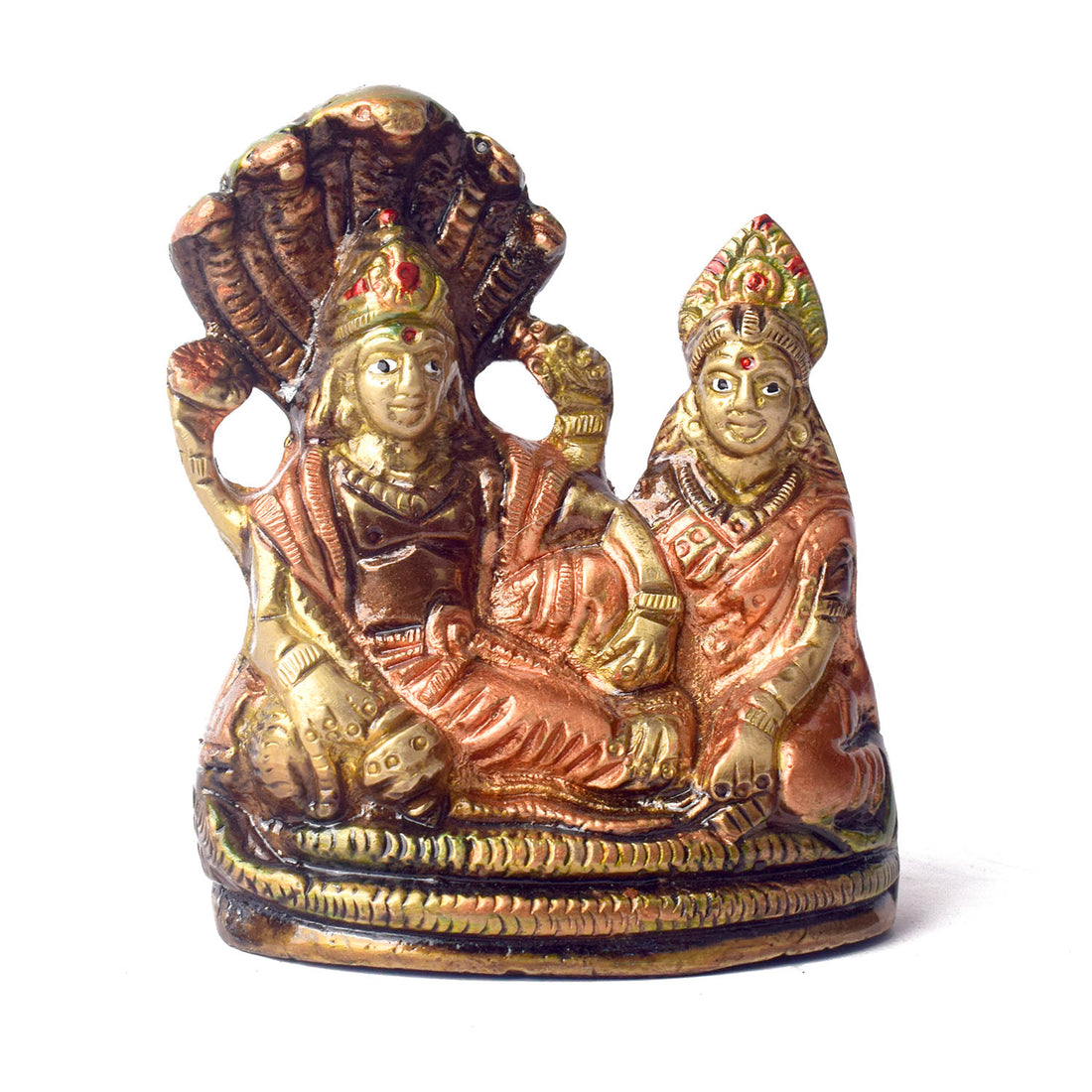  The 4.7 Inch Vishnu Ji Resting on Snake - Small Divine Figure is a beautifully crafted miniature statue that showcases Lord Vishnu in a serene and tranquil pose. Resting gracefully on the multi-headed serpent, Sheshnag, this divine figure symbolizes the eternal peace and protection Vishnu provides to the universe. 
