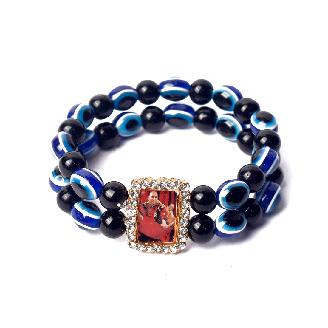 Black and Blue Evil Eye Round Pearl Bracelet with Jai Guruji Swaroop