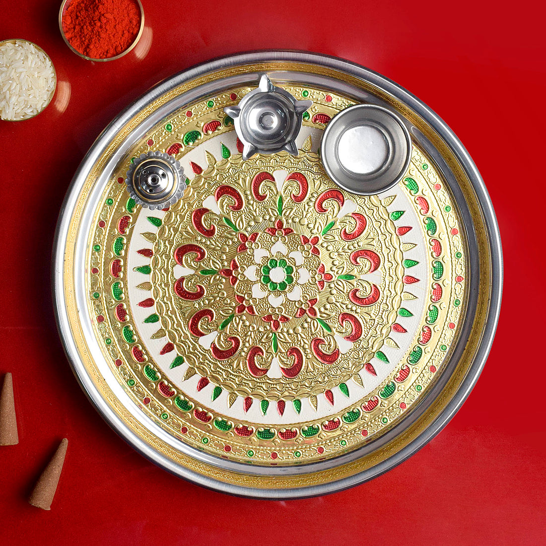 Printed Stainless Steel Aarti Plate Set