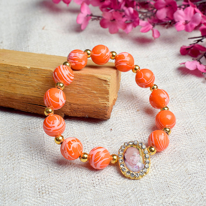 Orange Round Pearl Bracelet with Jai Guruji Swaroop Handmade Bracelets for Men and Women