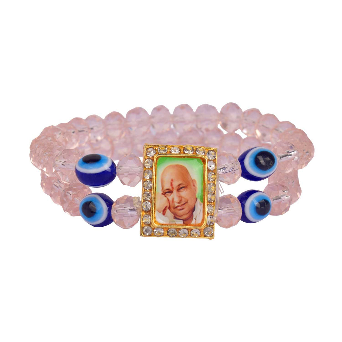 Jai Guruji Swaroop Bracelet – Pink Beads with Evil Eye Charm
