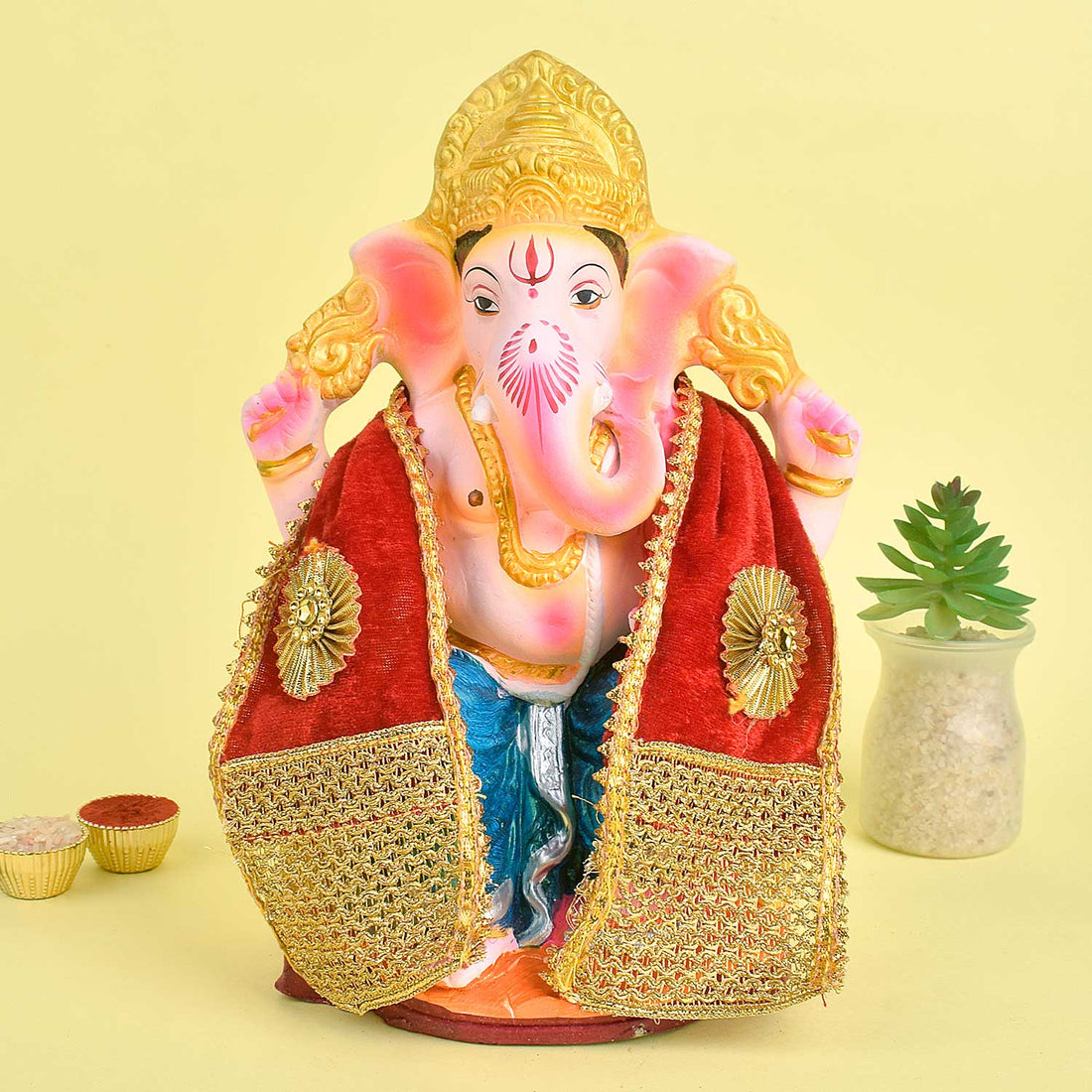 Designer Red Velvet Ganpati Idol Patka with Zig-Zag Border