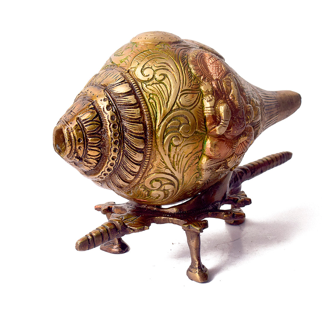 5.9 Inch Handcrafted Indian Brass Shankh With Ganesha Engraving with Stand