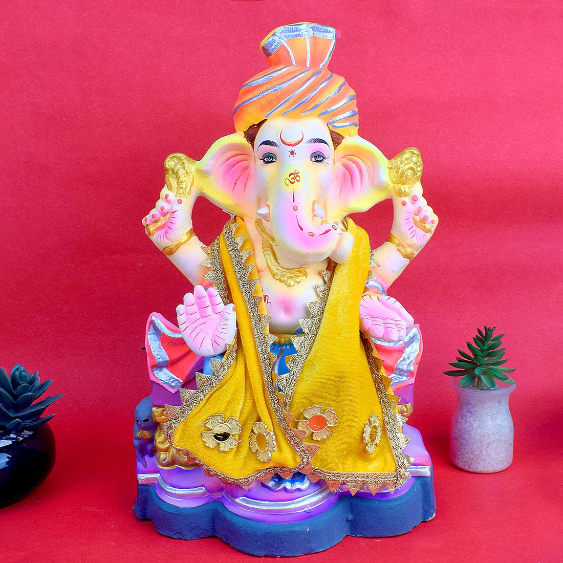 Yellow Velvet Ganpati Idol Patka with Zigzag Lace