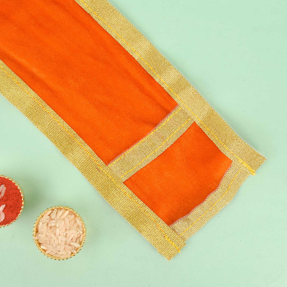 Orange Velvet Ganpati Idol Patka With Classic Gold Border
