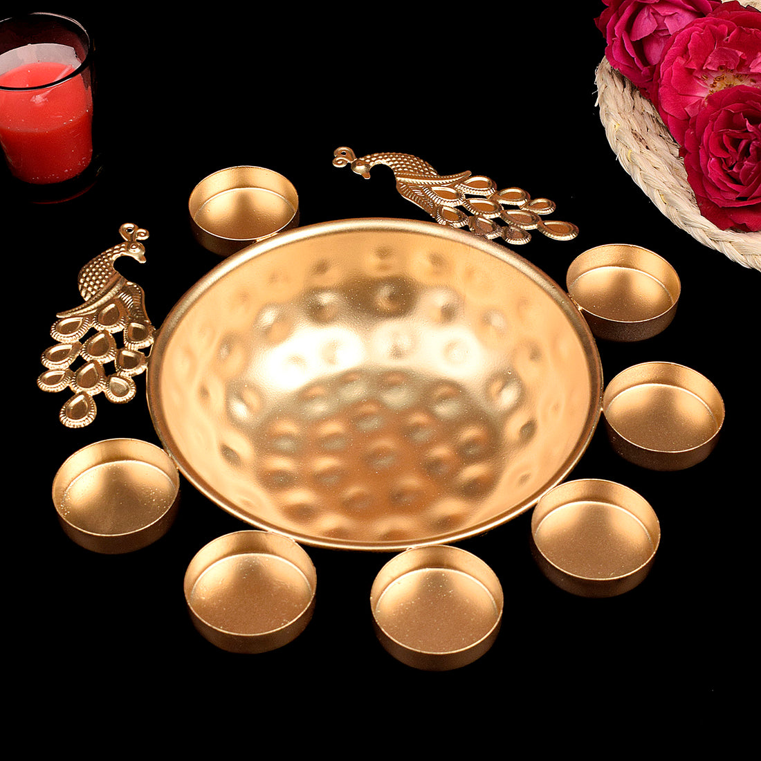 Decorative Metal Peacock Flower Urli with Tea Light