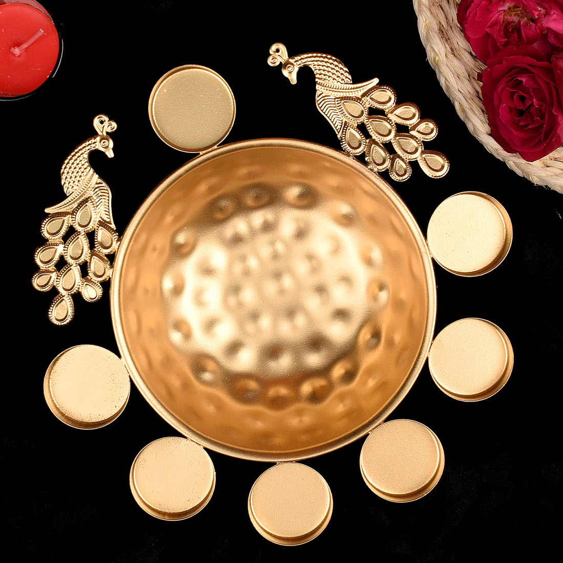Decorative Metal Peacock Flower Urli with Tea Light
