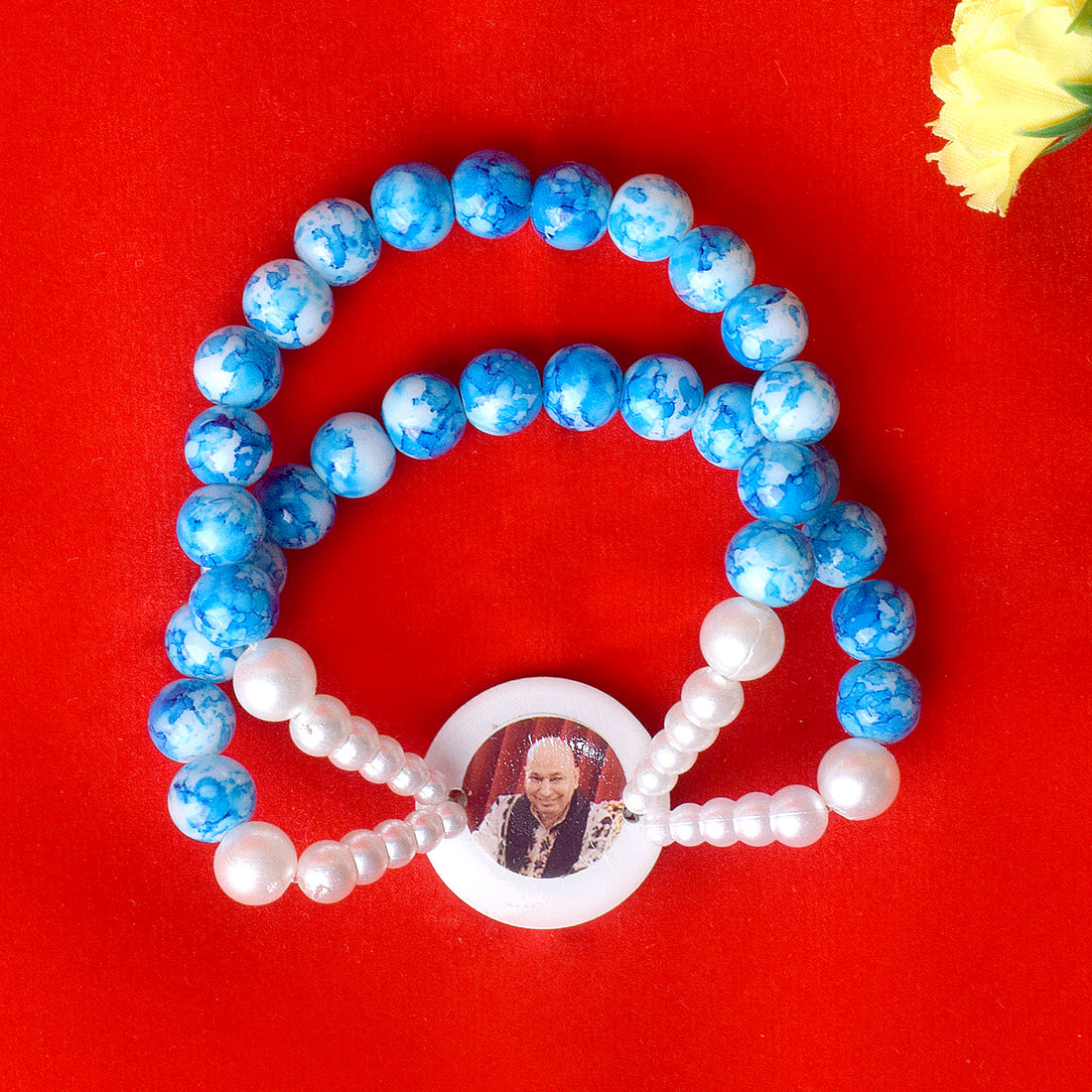 Crystal Blue Beads Double Layer & White Pearl Bracelet with Jai Guruji Swaroop