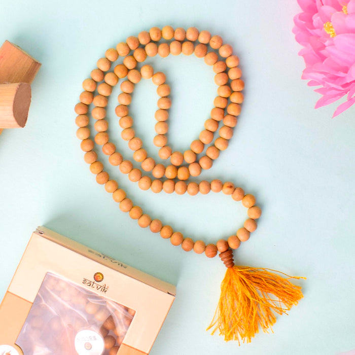 Regular White Sandalwood (Chandan) Jap Mala with smooth, fragrant beads, ideal for daily meditation, mantra chanting, and spiritual practices. India’s Premium Jap Mala Store- www.satvikstore.in
