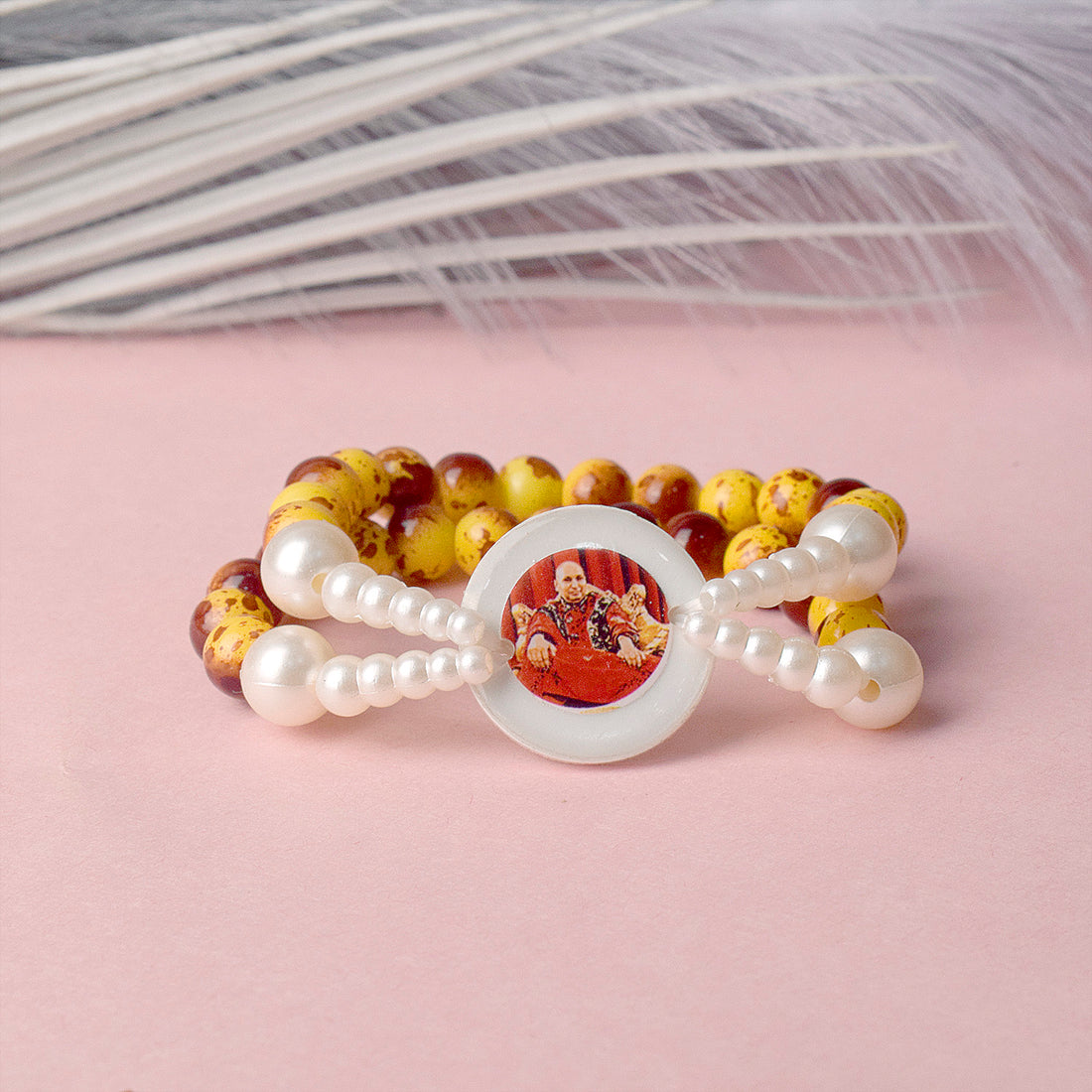 Crystal Yellow Printed Beads Double Layer & White Pearl Bracelet with Jai Guruji Swaroop