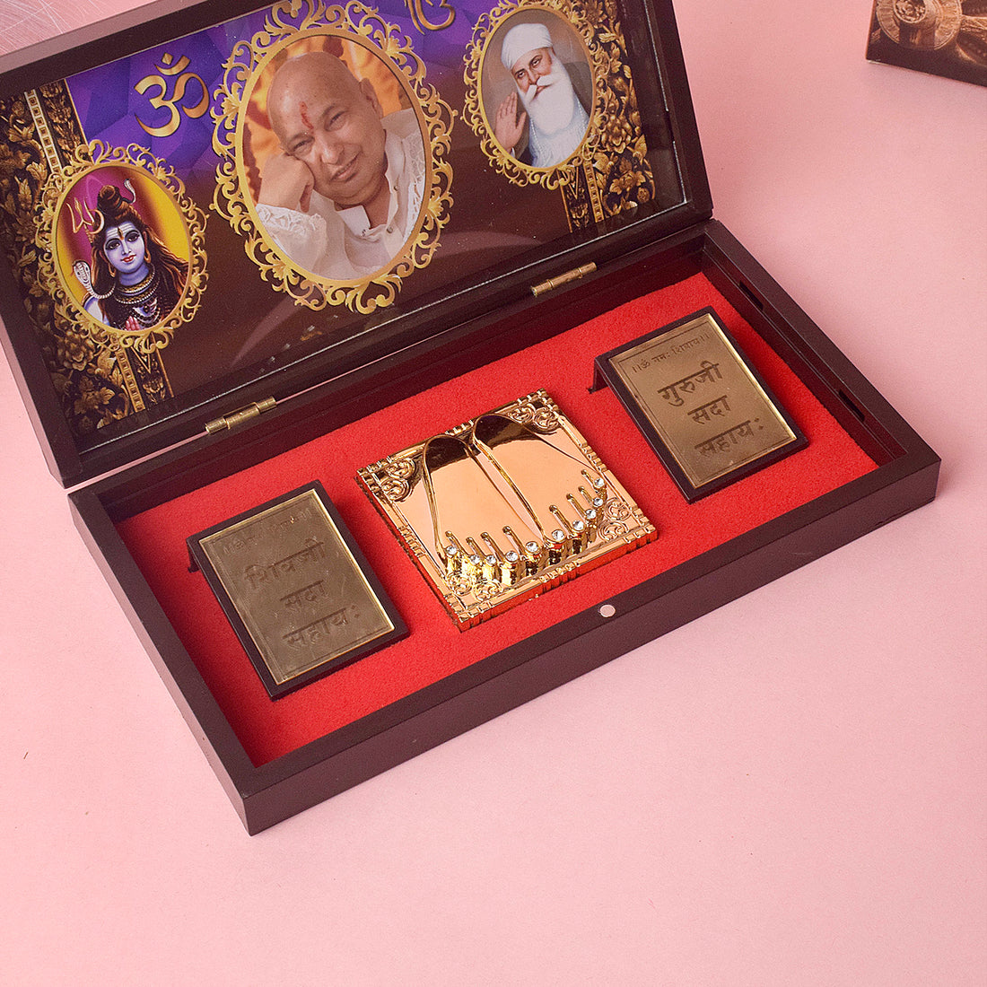 Gold Plated Guru Ji Sukrana Charan Paduka Box with Mahadev and Waheguru