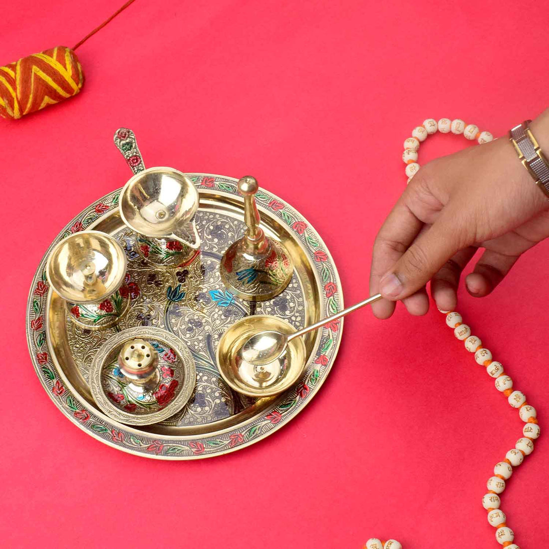 Ravishing 7 Pc Brass Puja Thali Set with Premium Velvet Box (8 Inch)