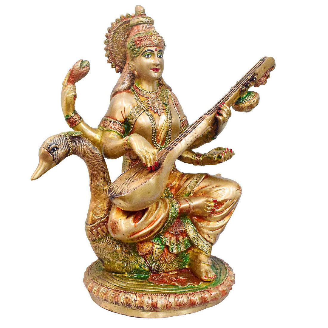 36 Inch Premium Goddess Saraswati Brass Idol – Antique Gold Finish