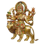 23 Inch Intricate Brass Durga Statue on Lion - Multi-Armed Goddess Idol