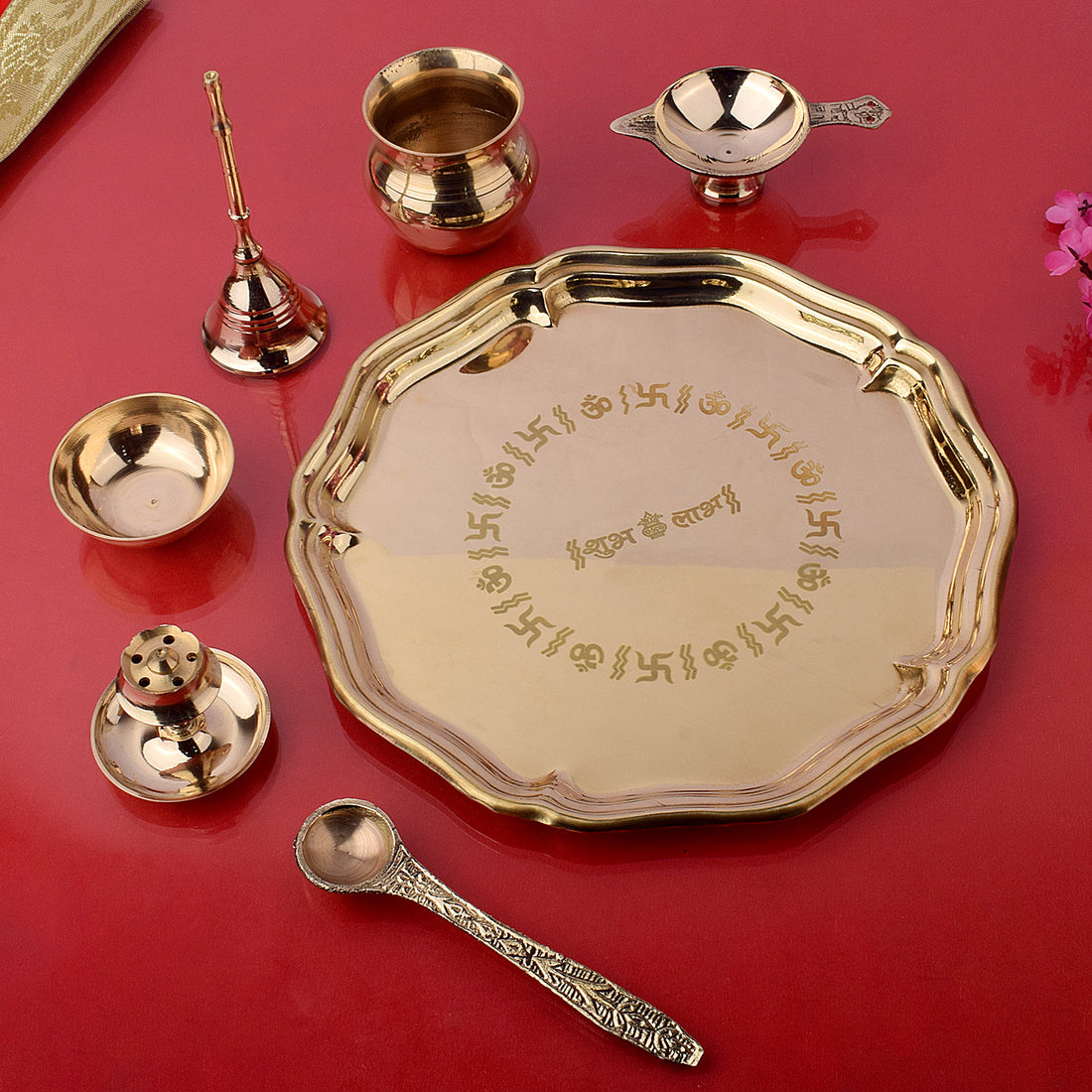 7 Piece Brass Shubh Labh Pooja Thali Set (8 Inch) Design 8