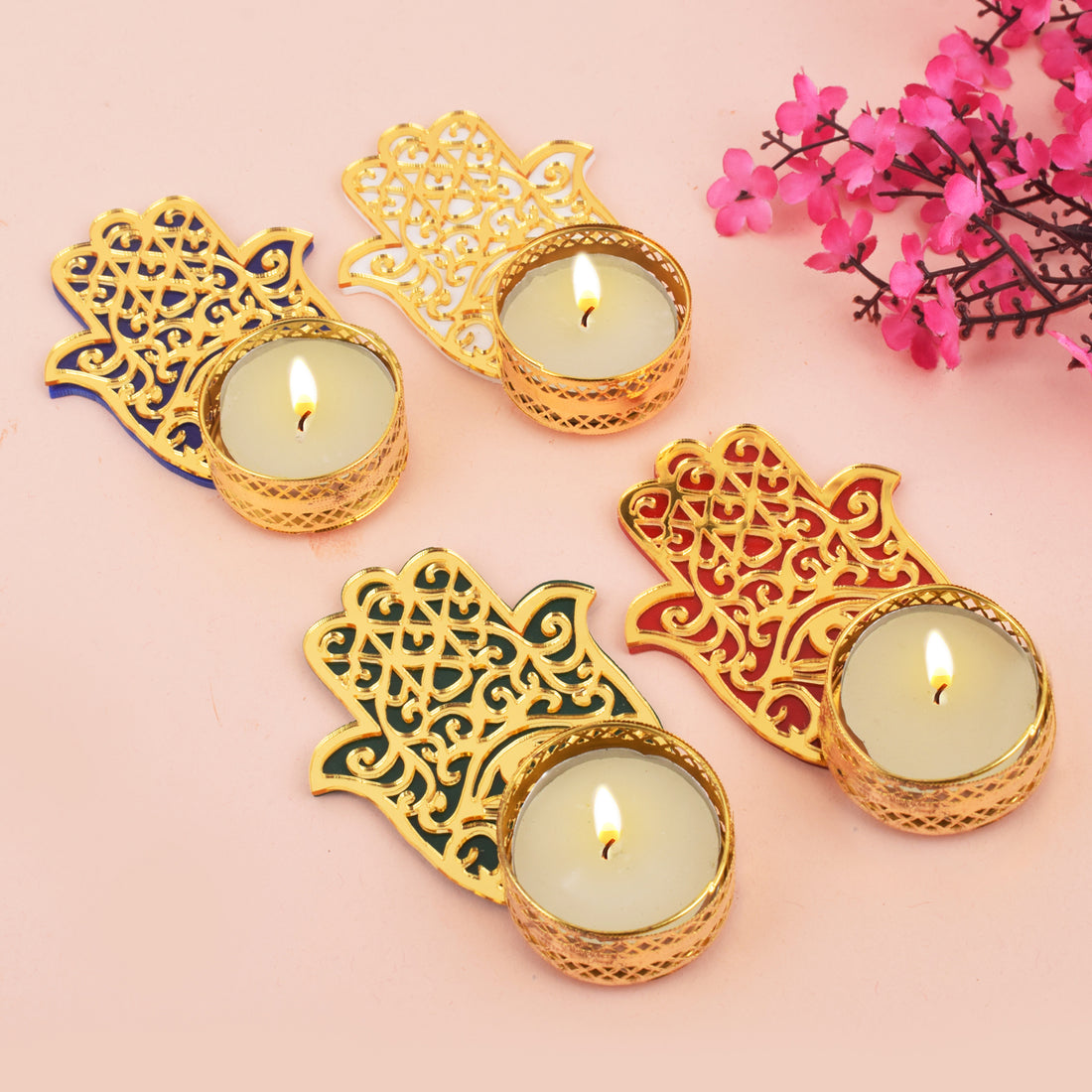 Hamsa Hand Evil Eye Tea Light Candle Holder with Tealight (Small)