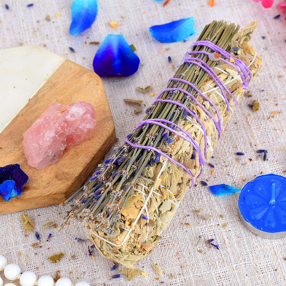 WHITE SAGE WITH LAVENDERS & ROSE QUARTZ CRYSTAL HEALING SMUDGES