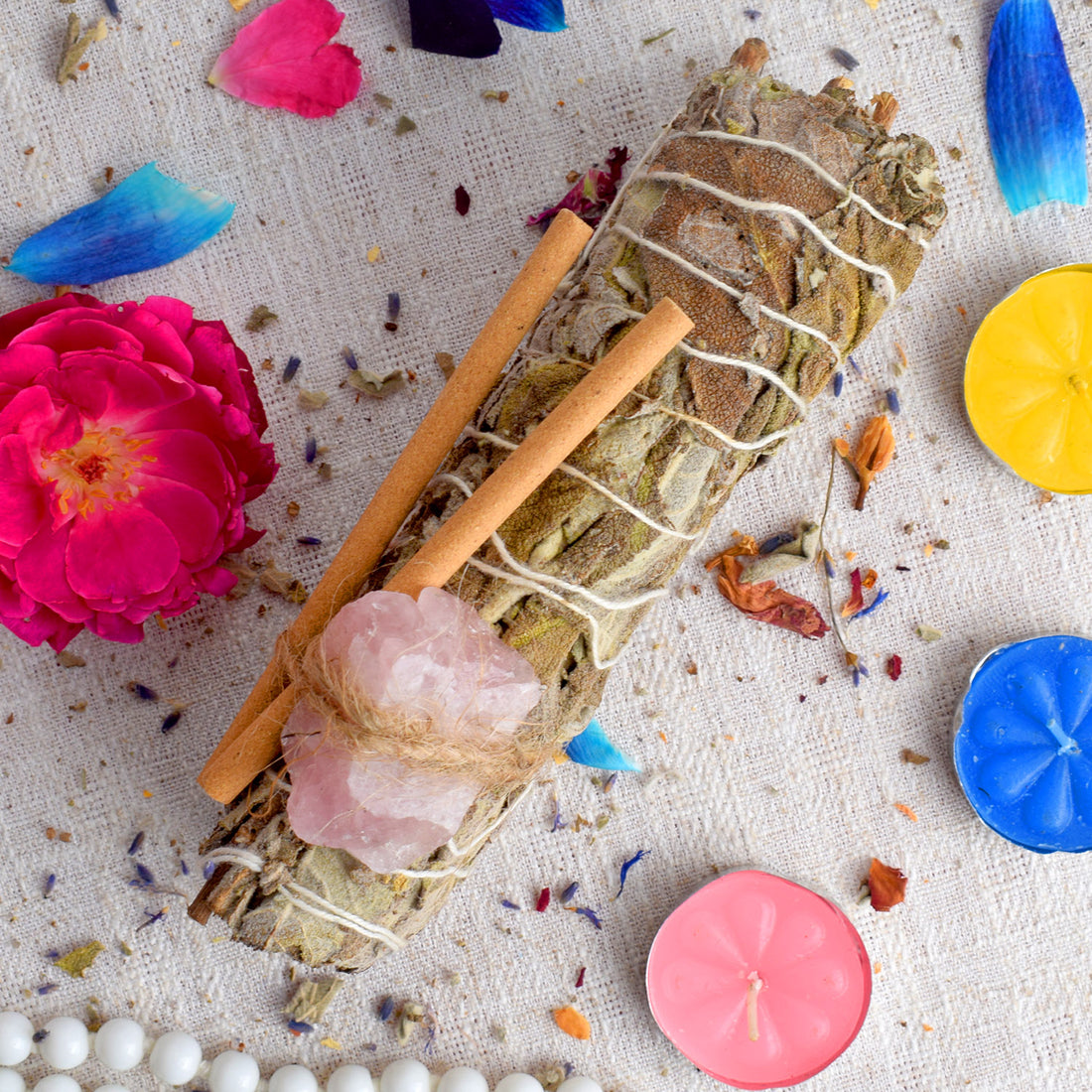 MAXICAN INCENSE SAGE WITH ROSE QUARTZ CRYSTAL HEALING SMUDGE